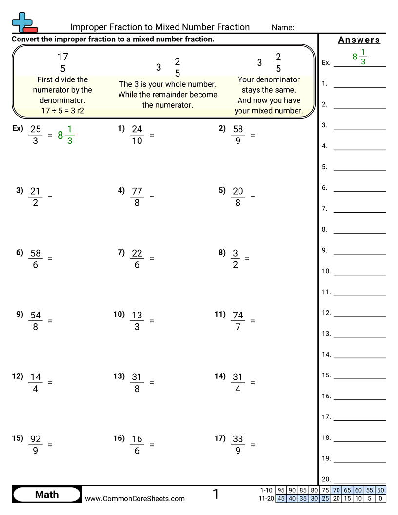 improper fraction to mixed number worksheet