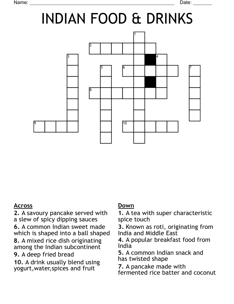 INDIAN FOOD DRINKS Crossword WordMint