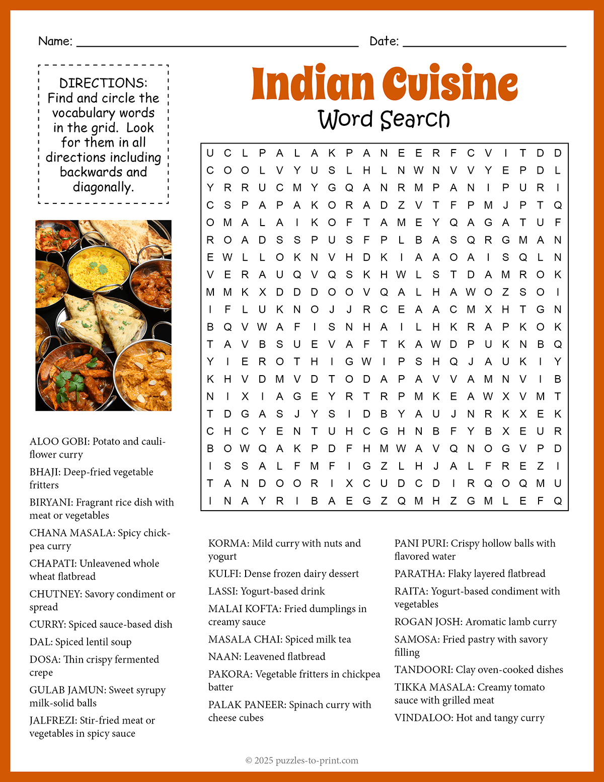 Indian Foods Word Search