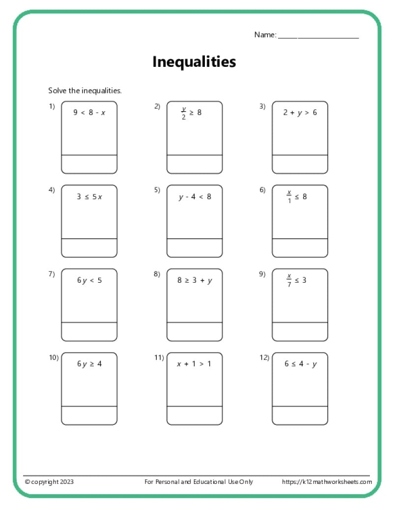 Inequalities Worksheets
