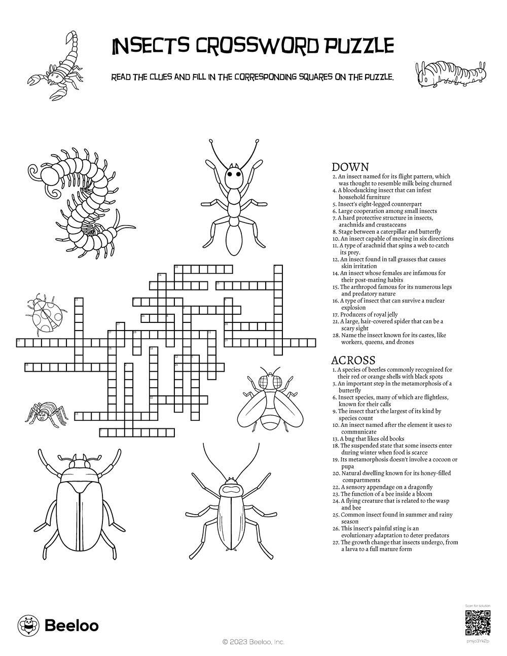 Insects Crossword Puzzle Beeloo Printable Crafts And Activities For Kids