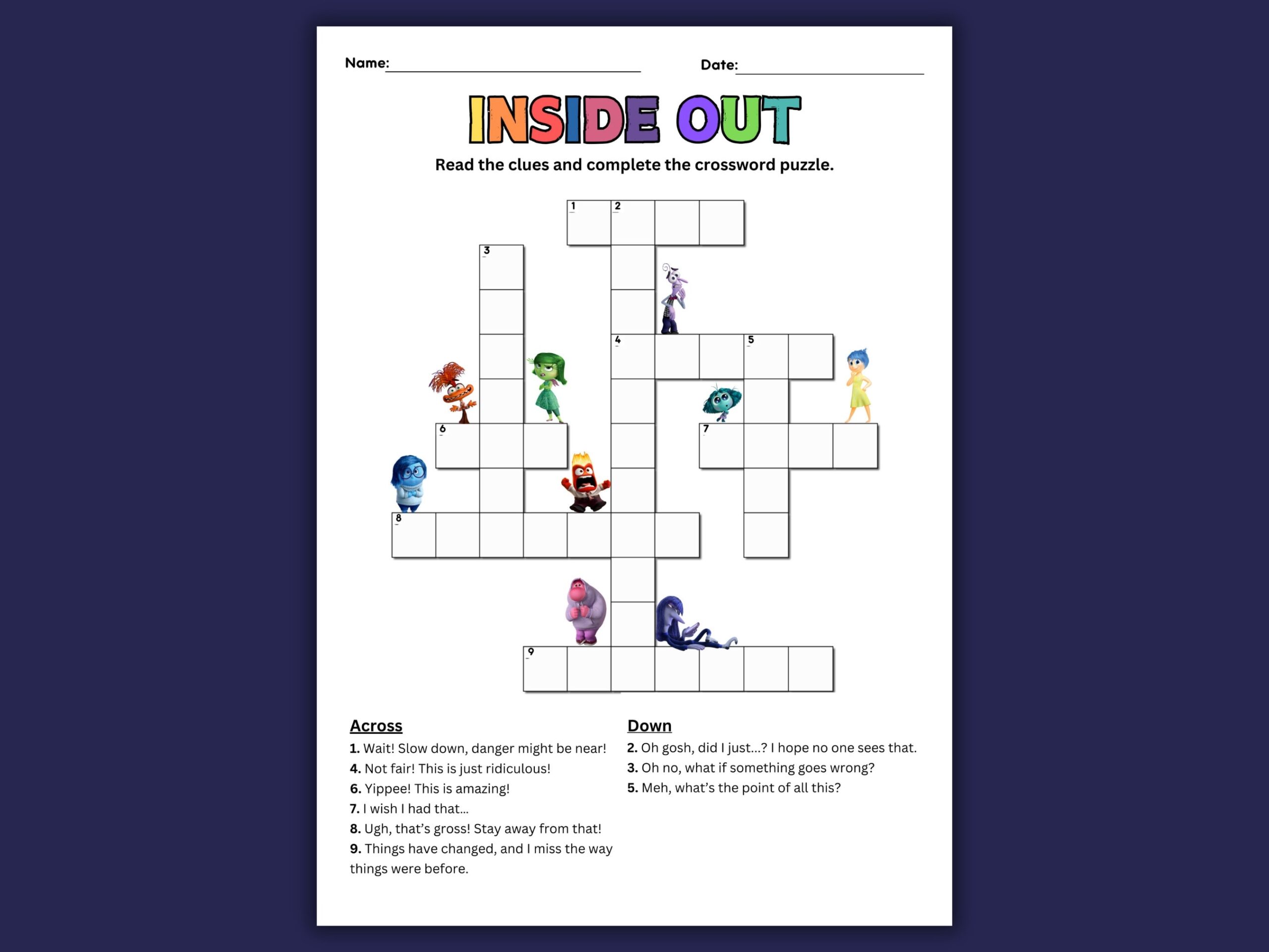 Inside Out 2 Worksheet Feelings Crossword Puzzle Activity digital Printable Etsy Inside Out 2 Worksheet Feelings Crossword Puzzle Activity digital Printable Etsy