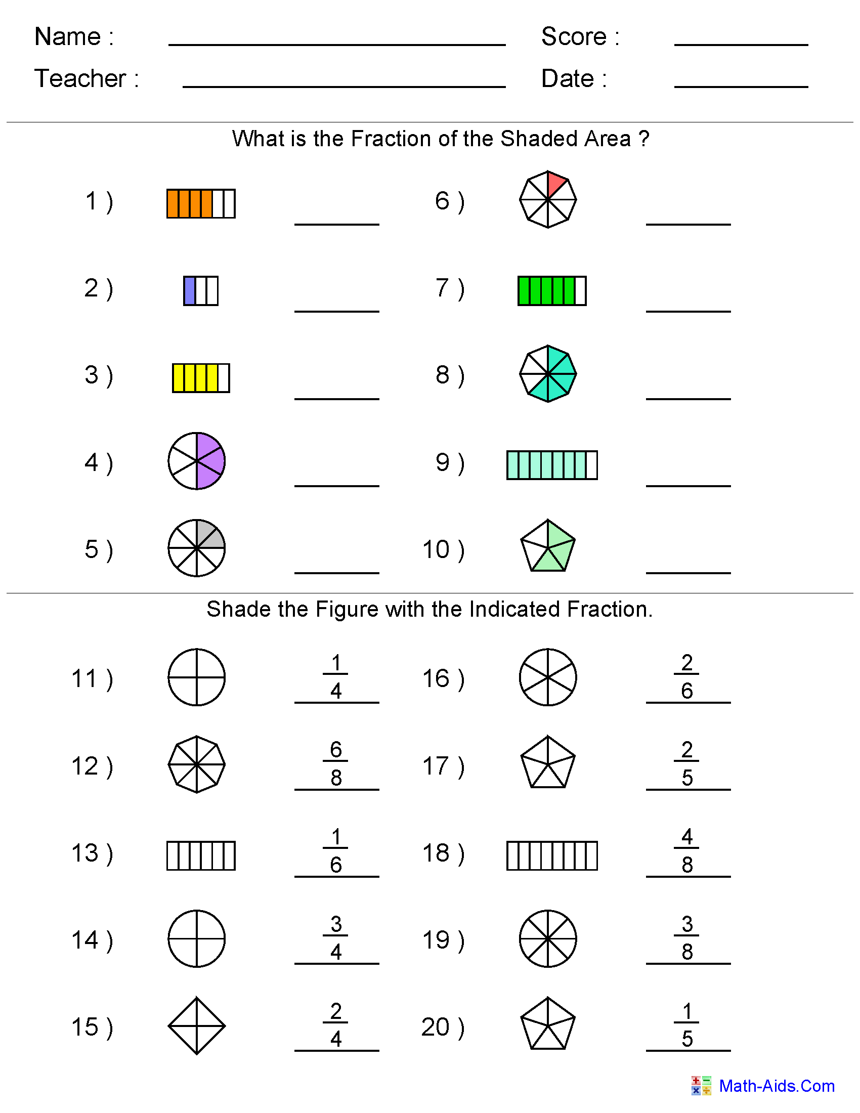 fractions worksheet with pictures