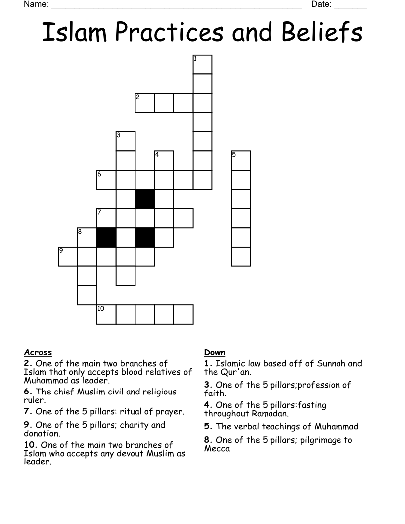 Islam Practices And Beliefs Crossword WordMint