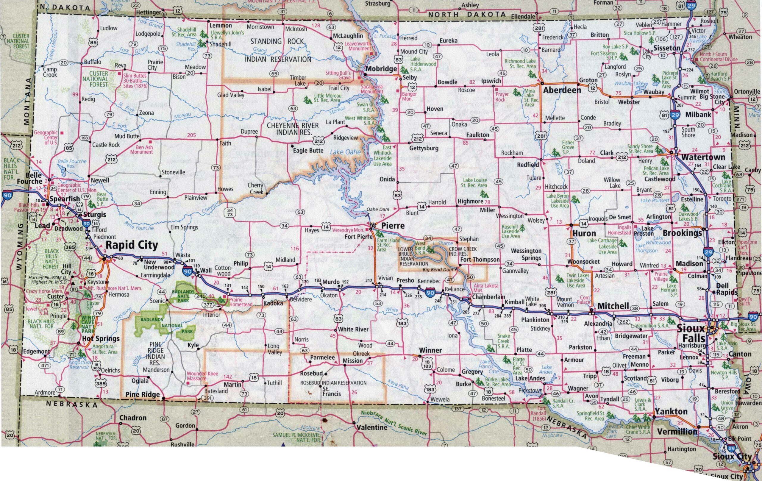 Large Detailed Roads And Highways Map Of South Dakota With All Cities Vidiani Maps Of All Countries In One Place