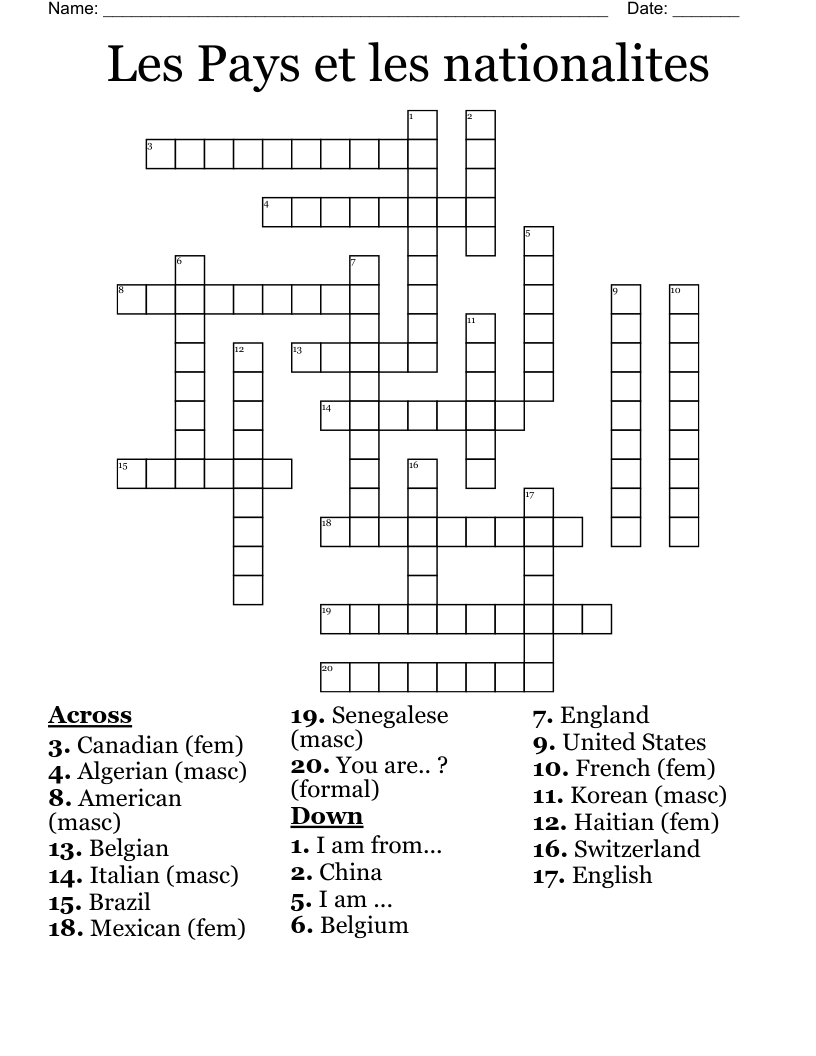 Les Pays Et Les Nationalites Crossword WordMint