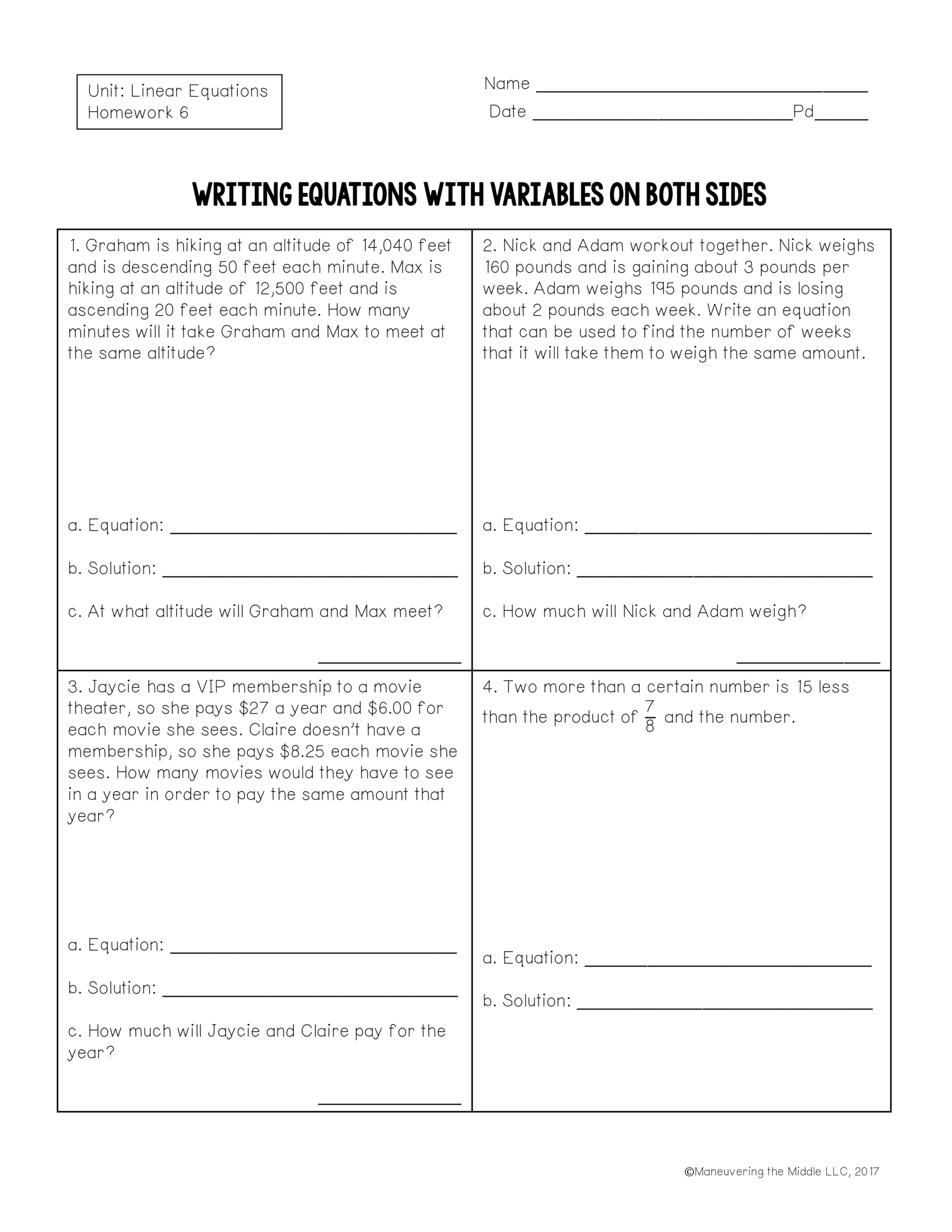 Lesson 1 4 Practice Writing Equations With Variables On Both Sides TAYLOR WOODWARD Library Formative