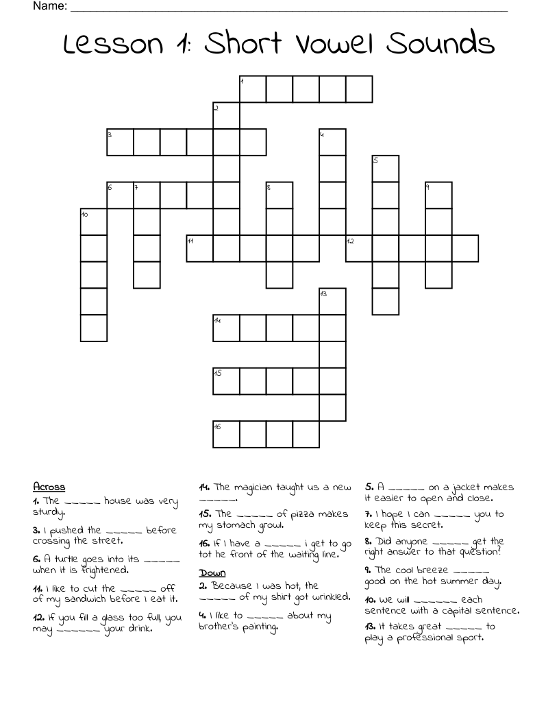 Lesson 1 Short Vowel Sounds Crossword WordMint