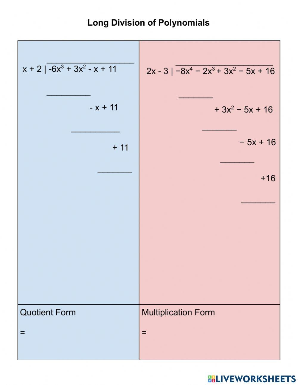 division of polynomials by polynomials worksheet