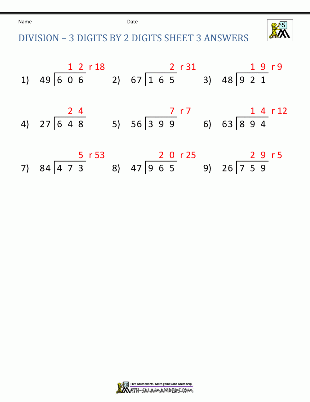 long division worksheets grade 5