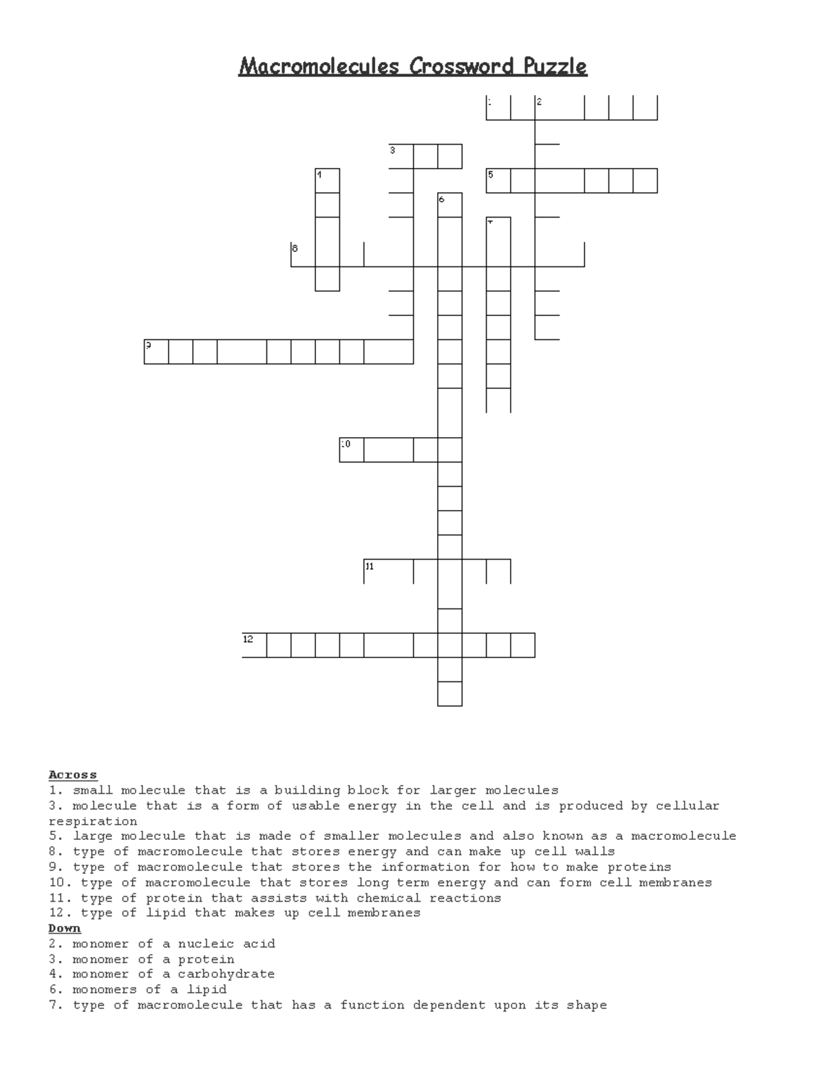 Macromolecules Crossword Puzzle Study Guide For Biology 101 Studocu