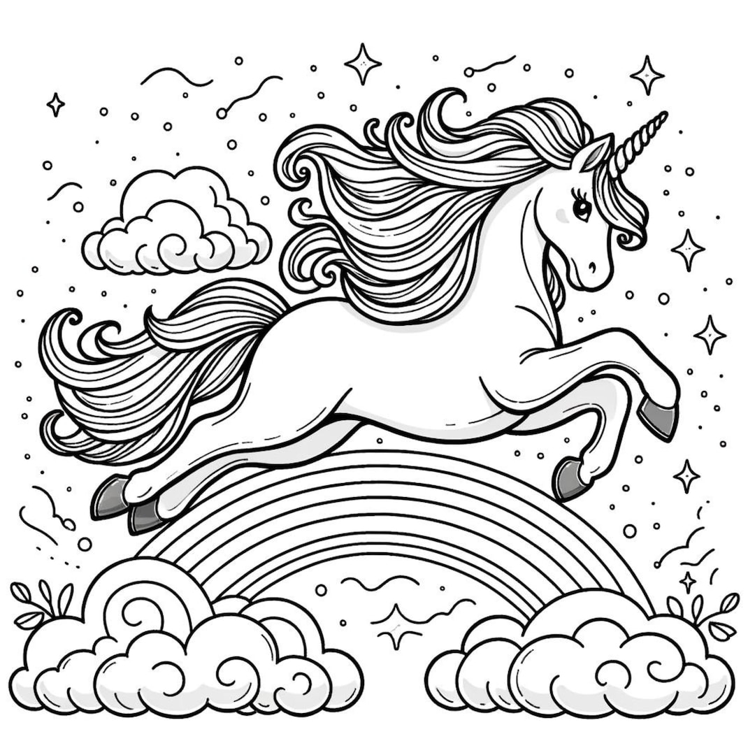 Magical Unicorn Coloring Pages Printable Leaping Unicorns With Stars Clouds And Rainbow Kids Whimsical Coloring Book Art Etsy