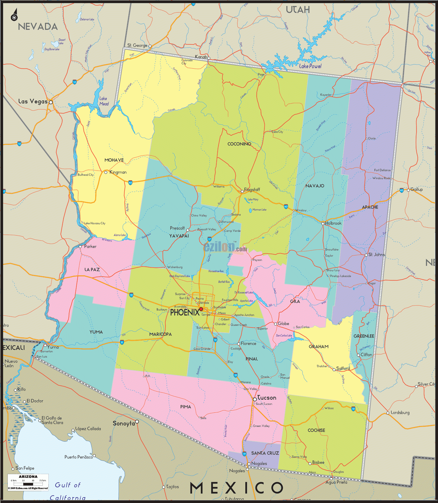Map Of Arizona Arizona Map With Cities Counties And Roads Ezilon Maps