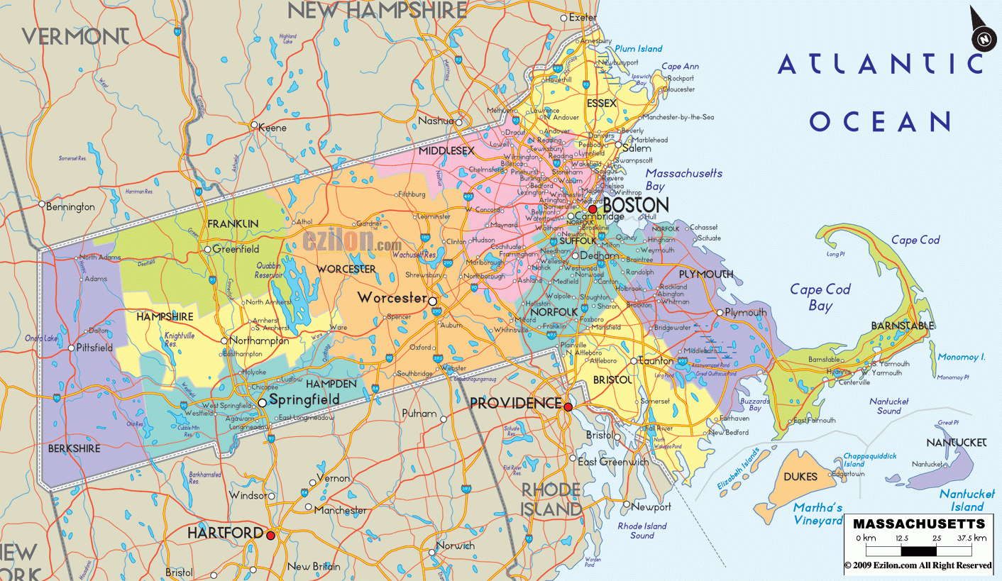 Map Of Massachusetts Massachusetts Map With Cities Counties And Roads Network Ezilon Maps