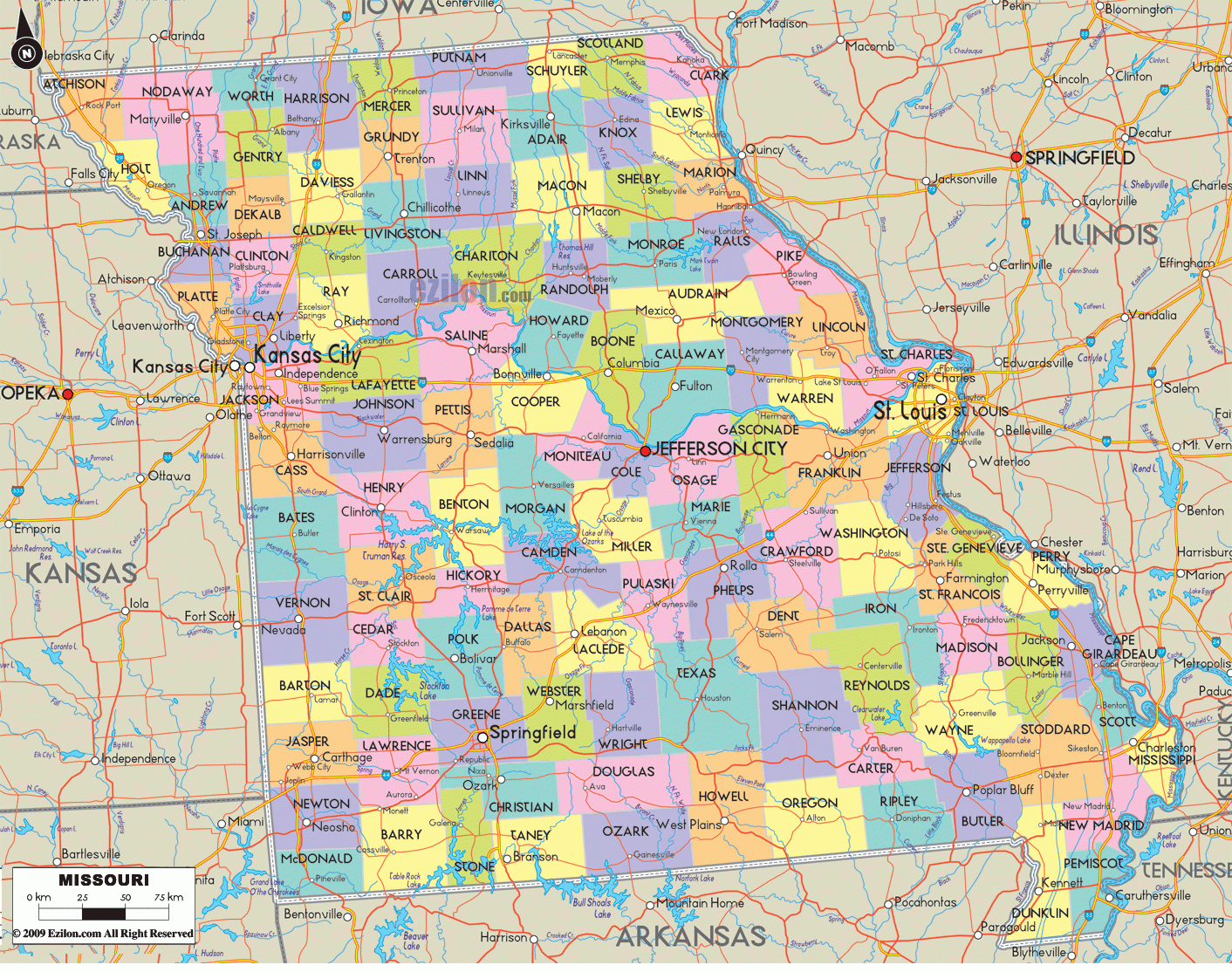 Map Of Missouri Detailed Map Of Missouri With Cities Counties And Roads Ezilon Maps