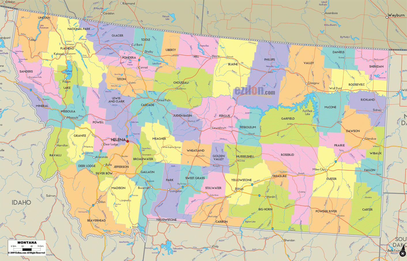 Map Of Montana Detailed Map Of Montana With Cities Counties And Roads Ezilon Maps