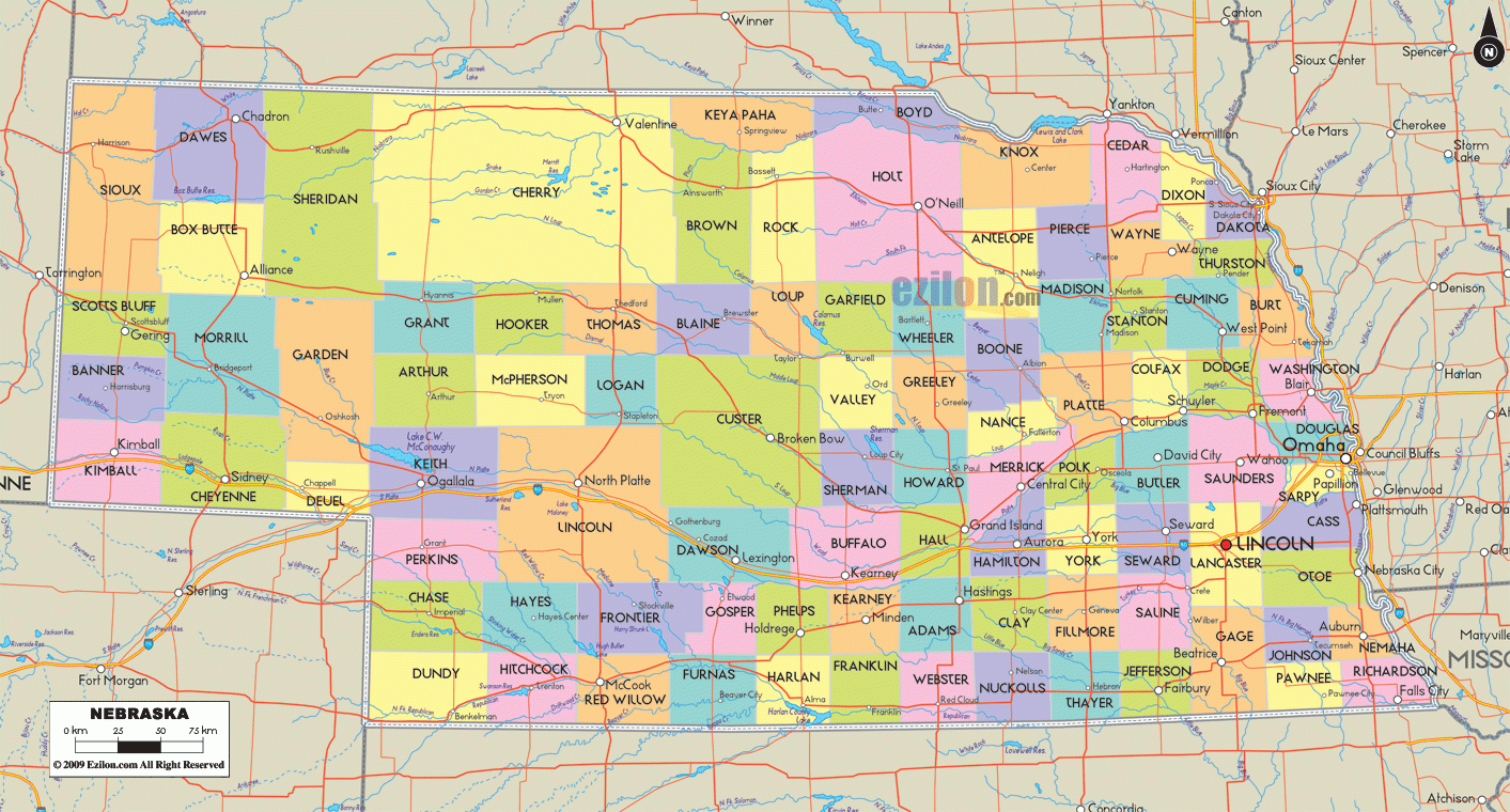 Map Of Nebraska Detailed Nebraska Map With Cities Counties And Roads Ezilon Maps