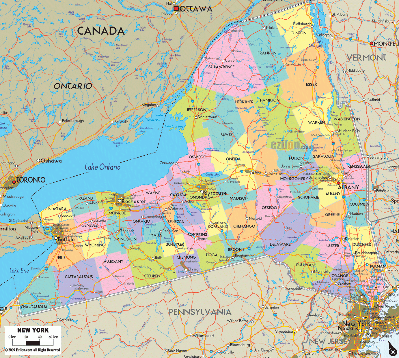 Map Of New York State Detailed New York State Map With Cities Counties And Roads Ezilon Maps