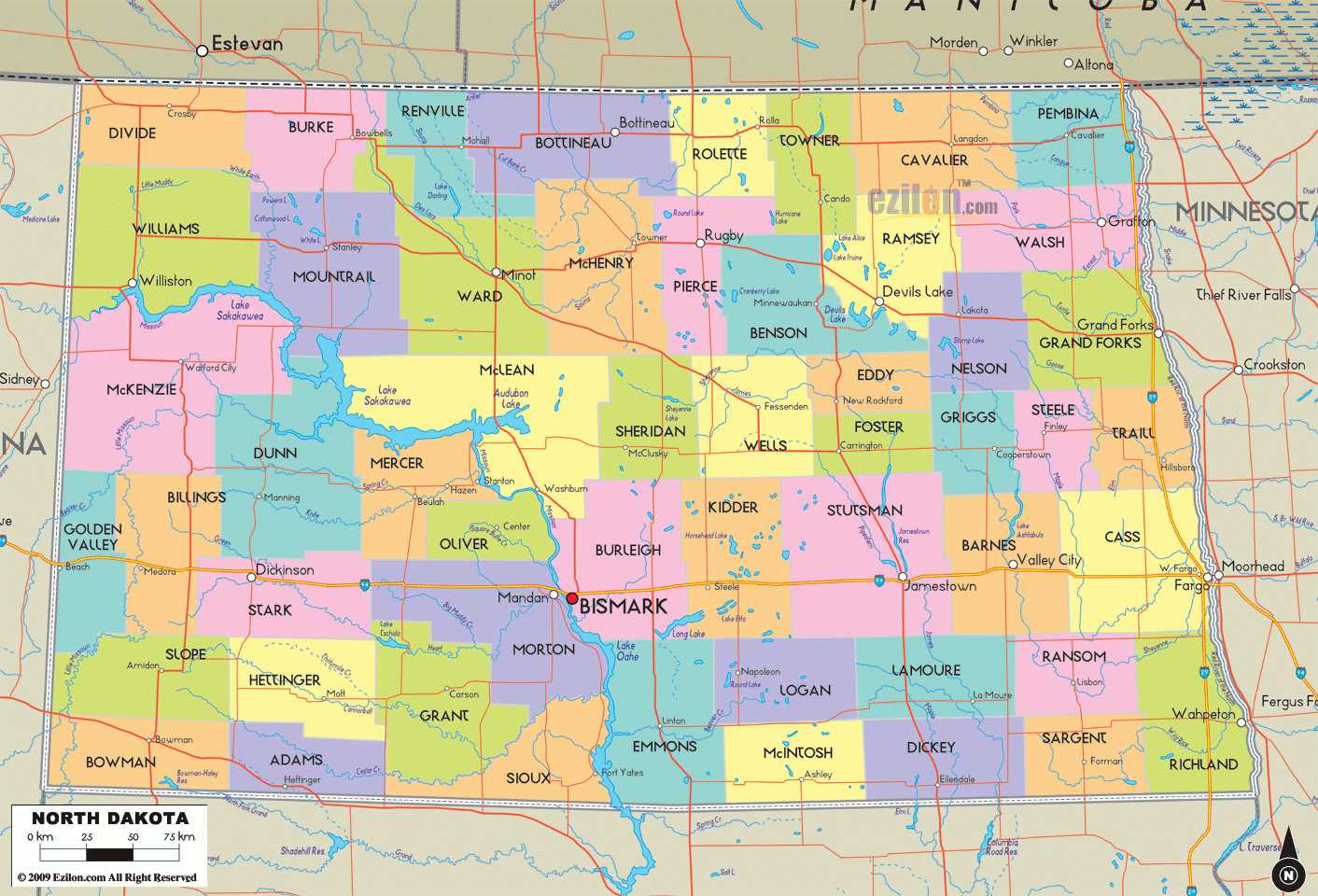 Map Of North Dakota Detailed North Dakota Map With Cities Counties And Roads Ezilon Maps