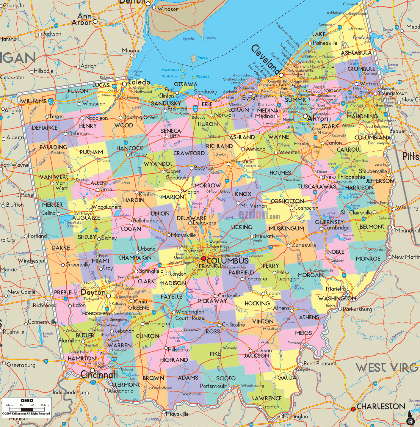 Map Of Ohio Detailed Ohio Map With Cities Counties And Roads Ezilon Maps