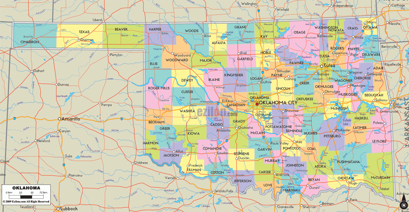Map Of Oklahoma Detailed Oklahoma Map With Cities Counties And Roads Ezilon Maps