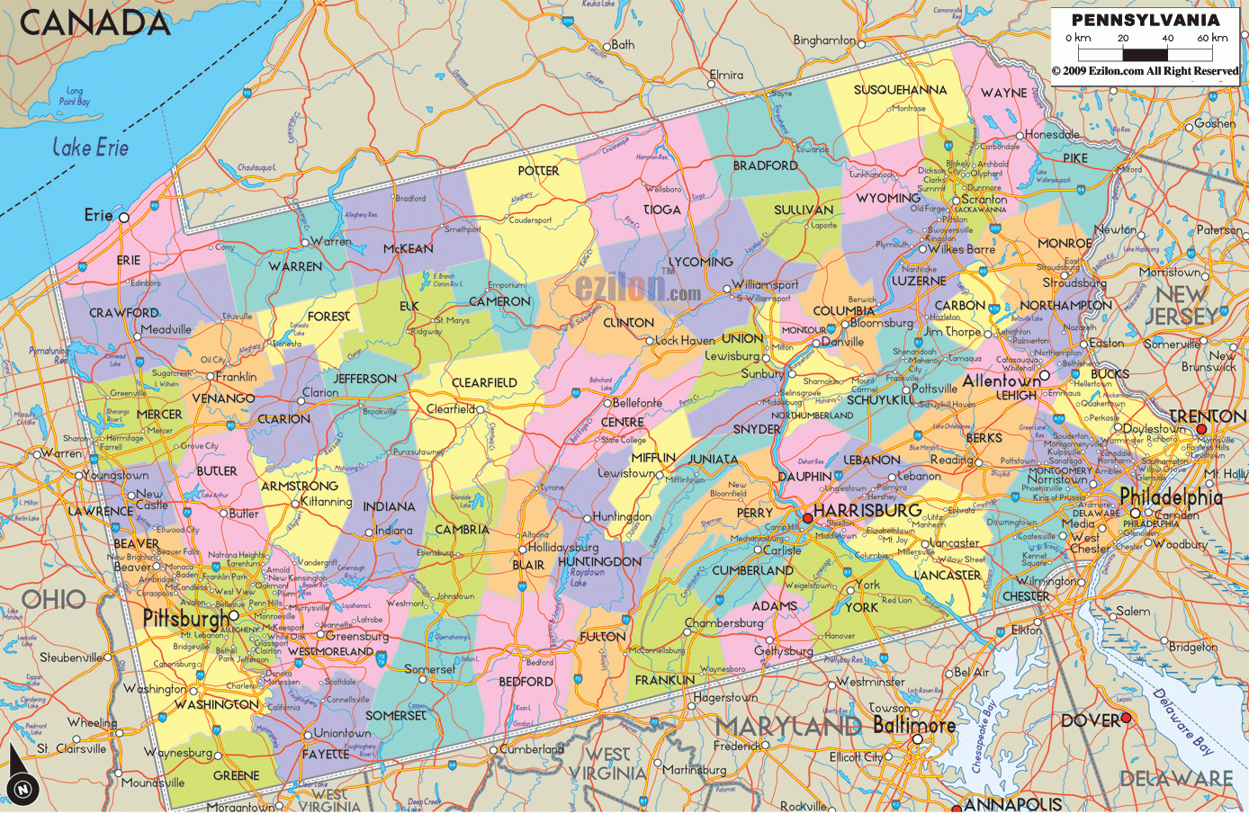Map Of Pennsylvania Detailed Pennsylvania Map With Cities Counties And Roads Ezilon Maps