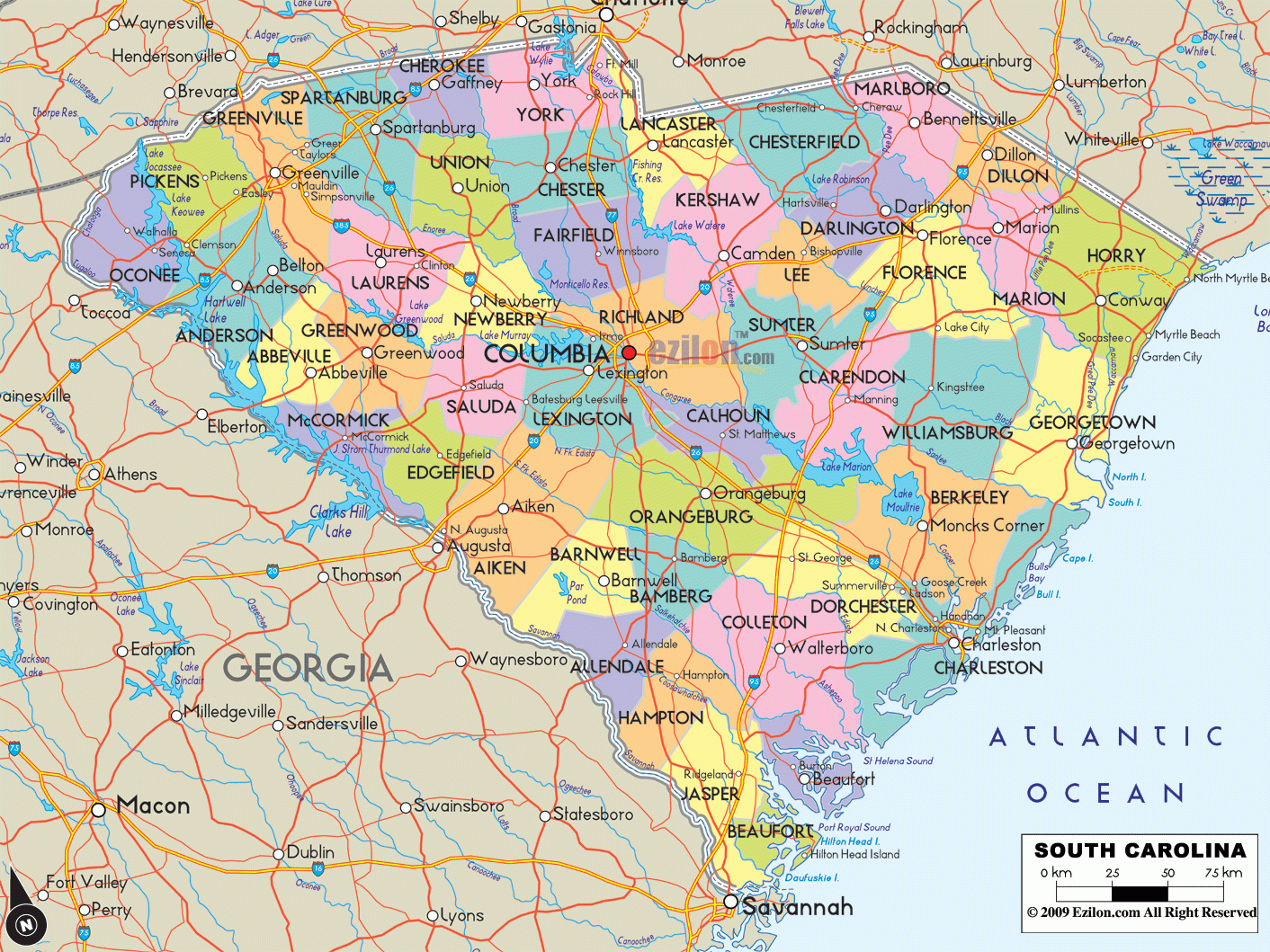 Map Of South Carolina Detailed South Carolina Map With Cities Counties And Roads Ezilon Maps
