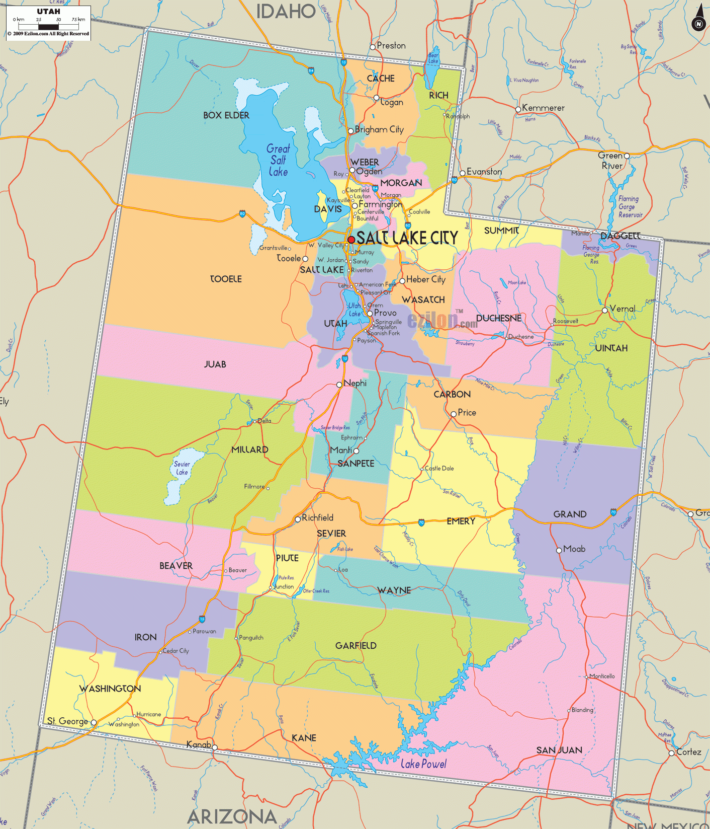 Map Of Utah Detailed Utah Map With Cities Counties And Roads Ezilon Maps