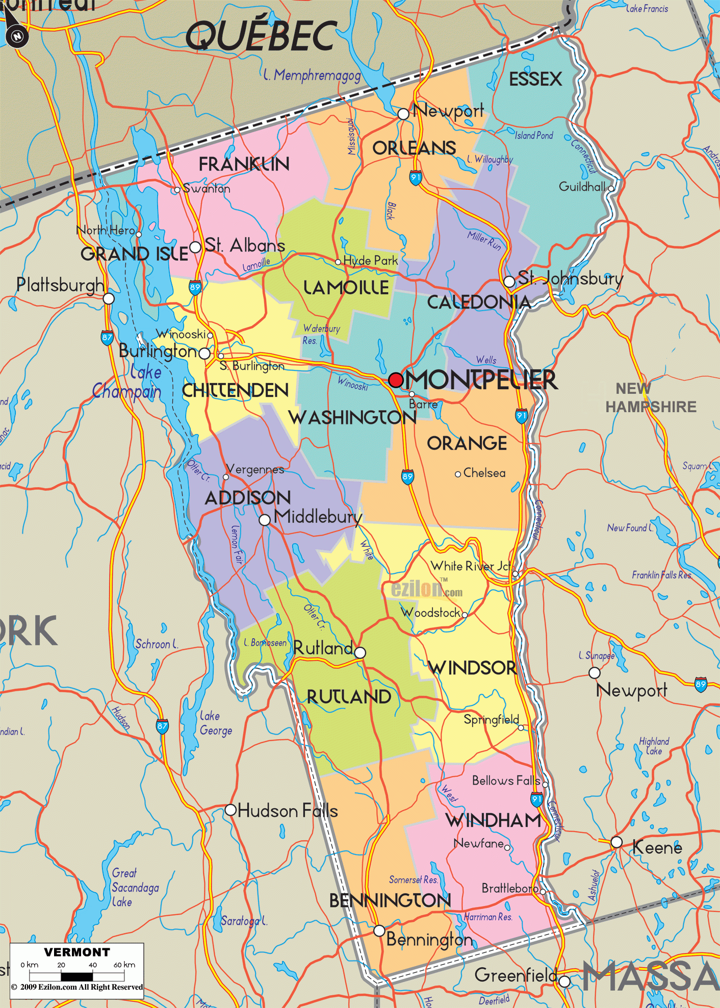 Map Of Vermont Detailed Vermont Map With Cities Counties And Roads Ezilon Maps