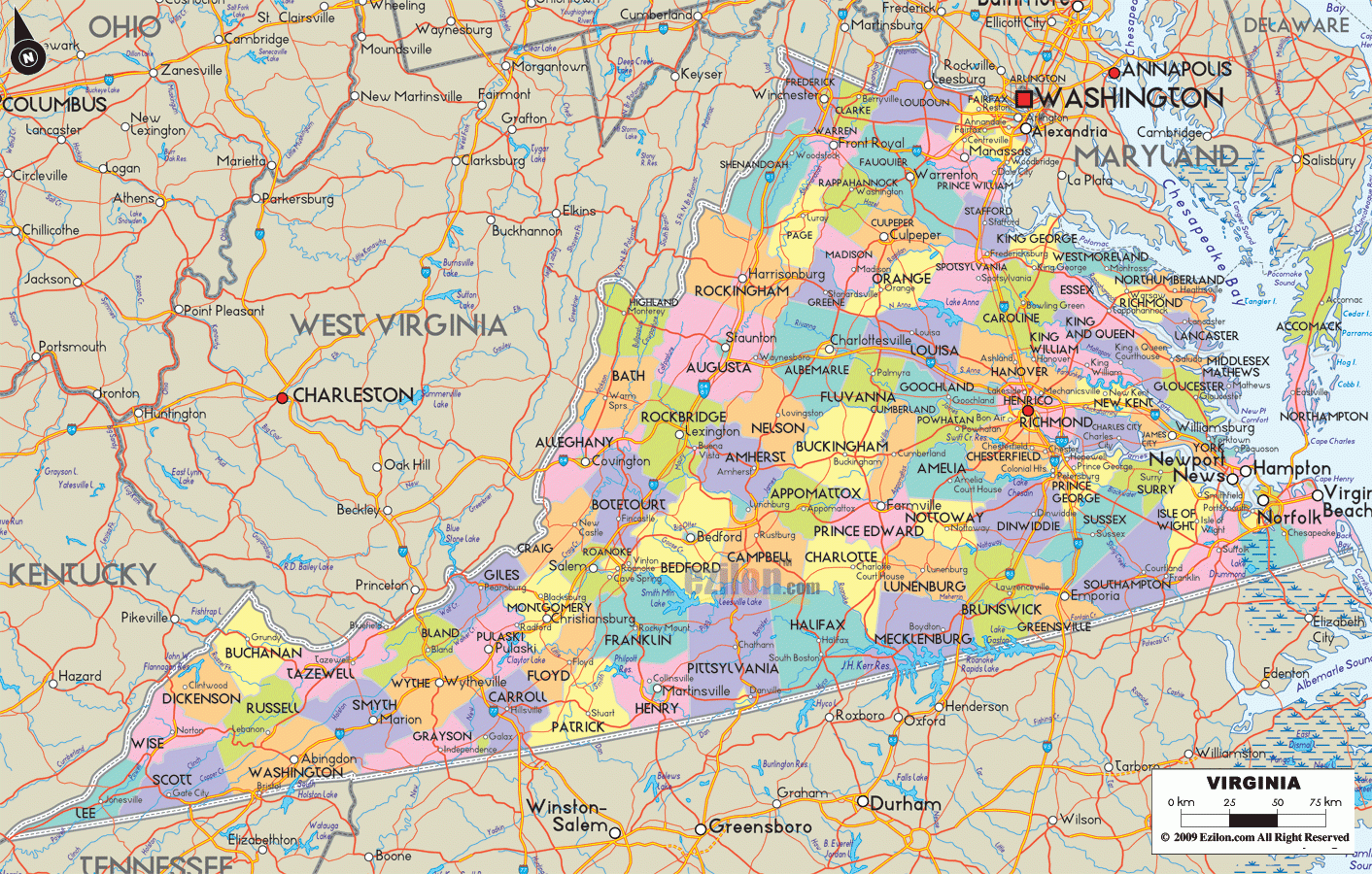 Map Of Virginia Detailed Virginia Map With Cities Counties And Roads Ezilon Maps Map Of Virginia Detailed Virginia Map With Cities Counties And Roads Ezilon Maps