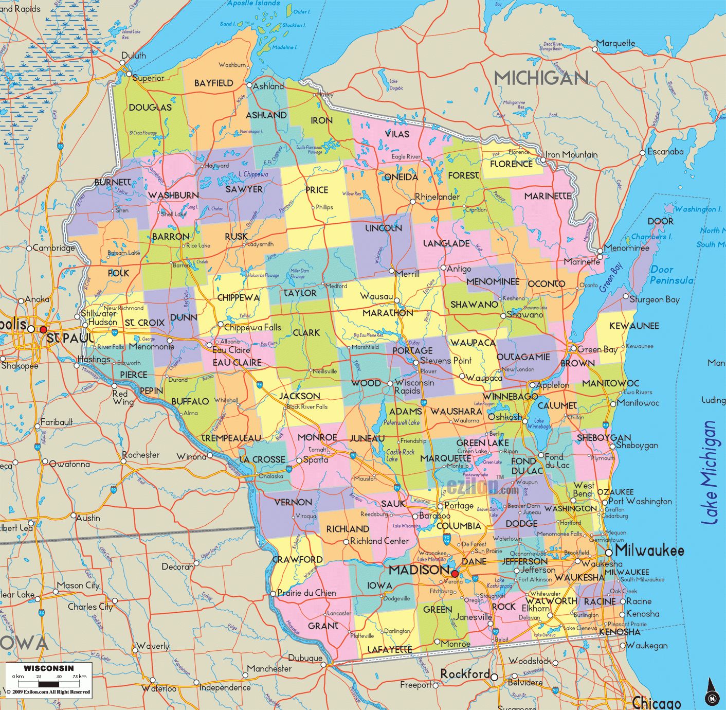 Map Of Wisconsin Detailed Wisconsin Map With Cities Counties And Road Light Network Ezilon Maps