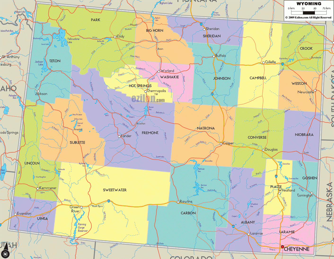 Map Of Wyoming Detailed Wyoming Map With Cities Counties And Roads Ezilon Maps