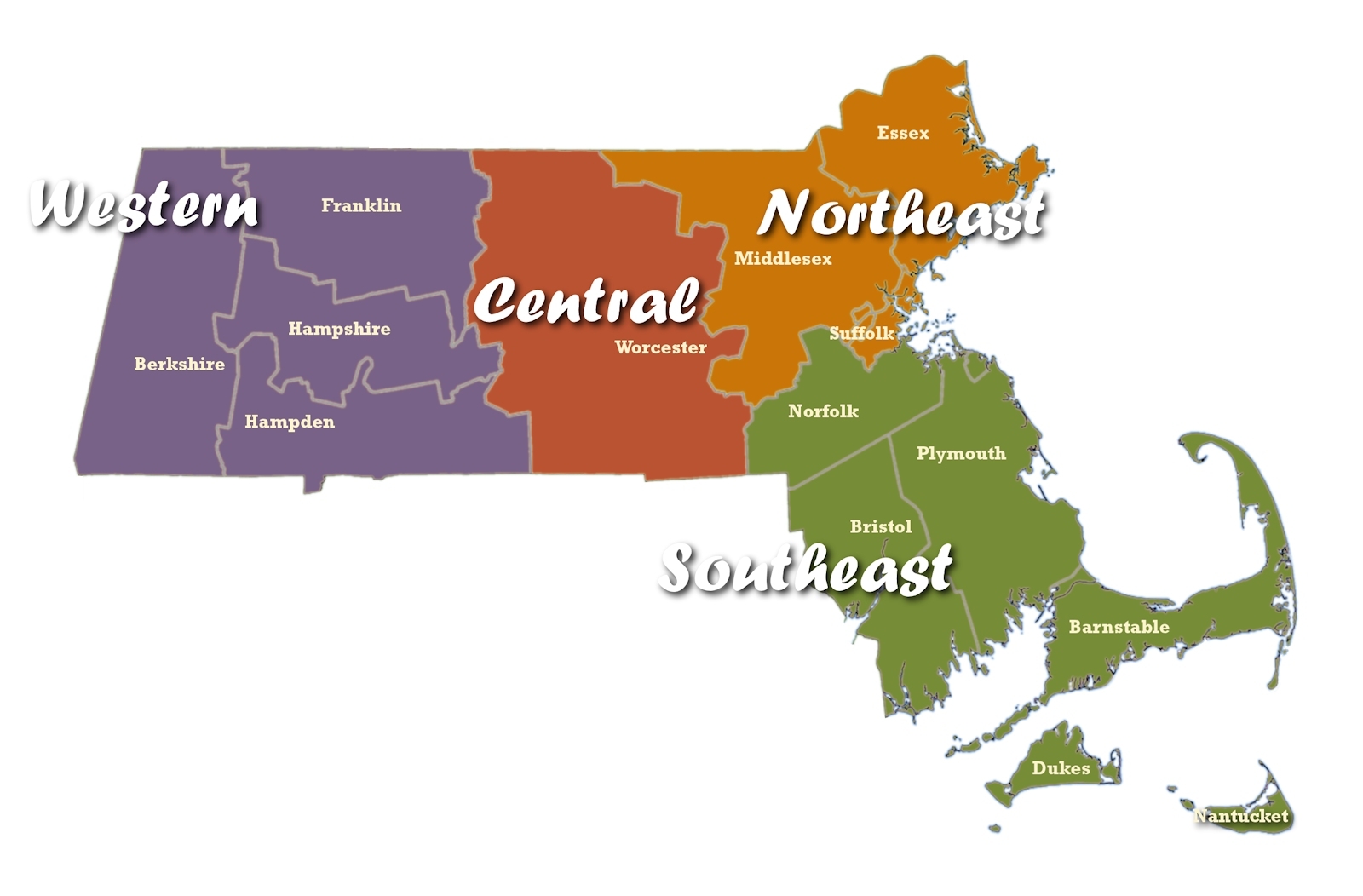Massachusetts Regions Counties Map Go2 guide