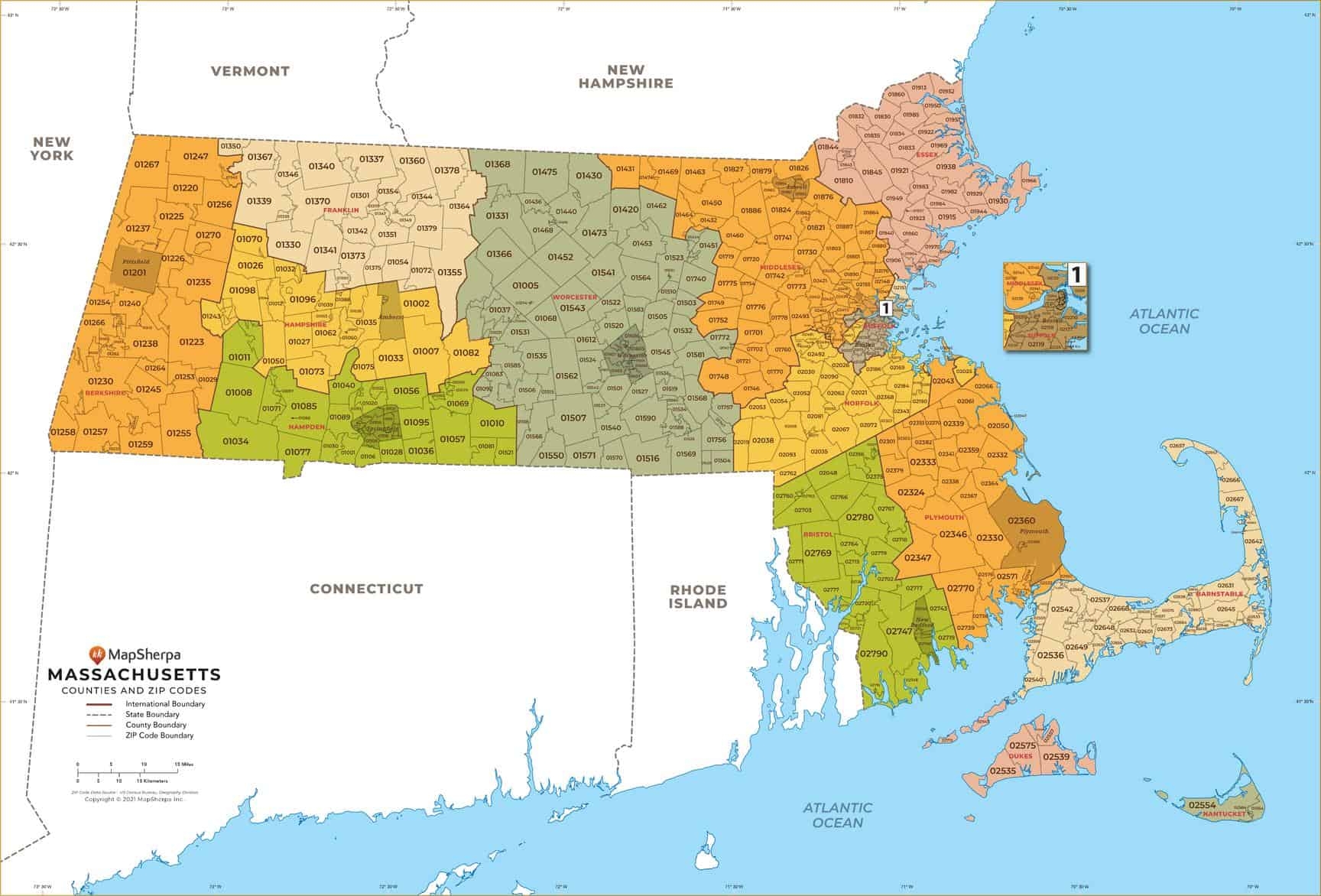 Massachusetts ZIP Code Map With Counties By MapSherpa The Map Shop