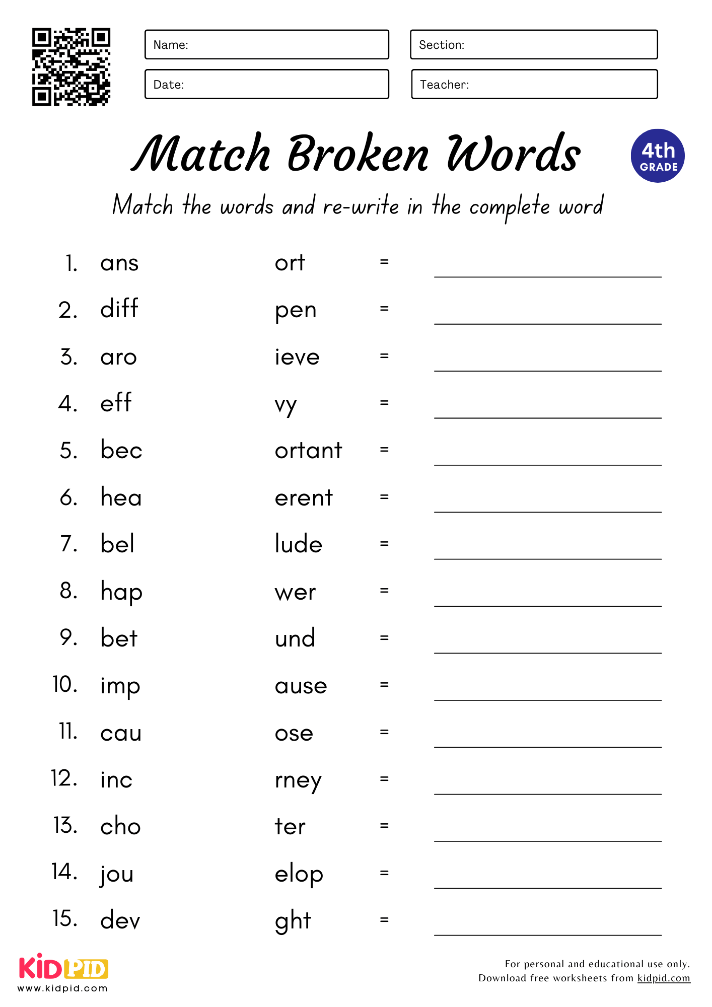 Match And Complete The Words Worksheet For Grade 4 Kidpid