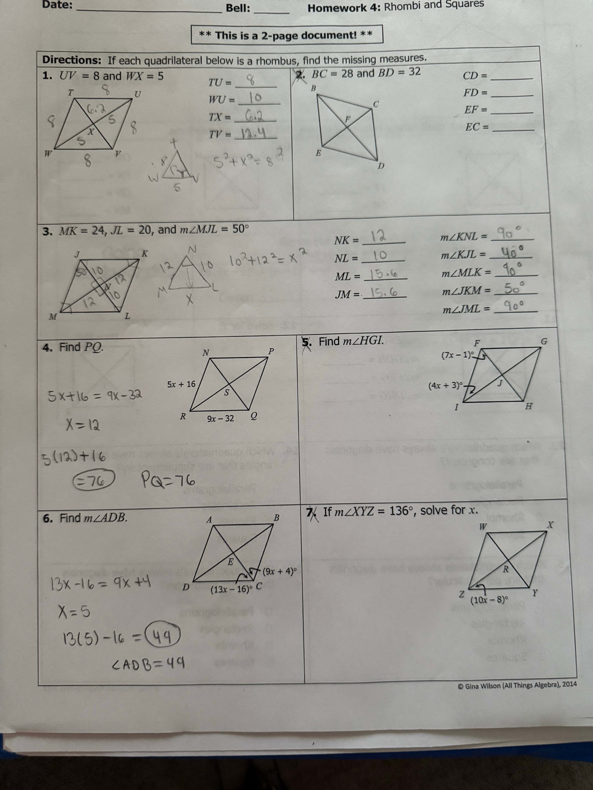 Math 101 Homework 4 Finding Measures Of Rhombi And Squares Studocu