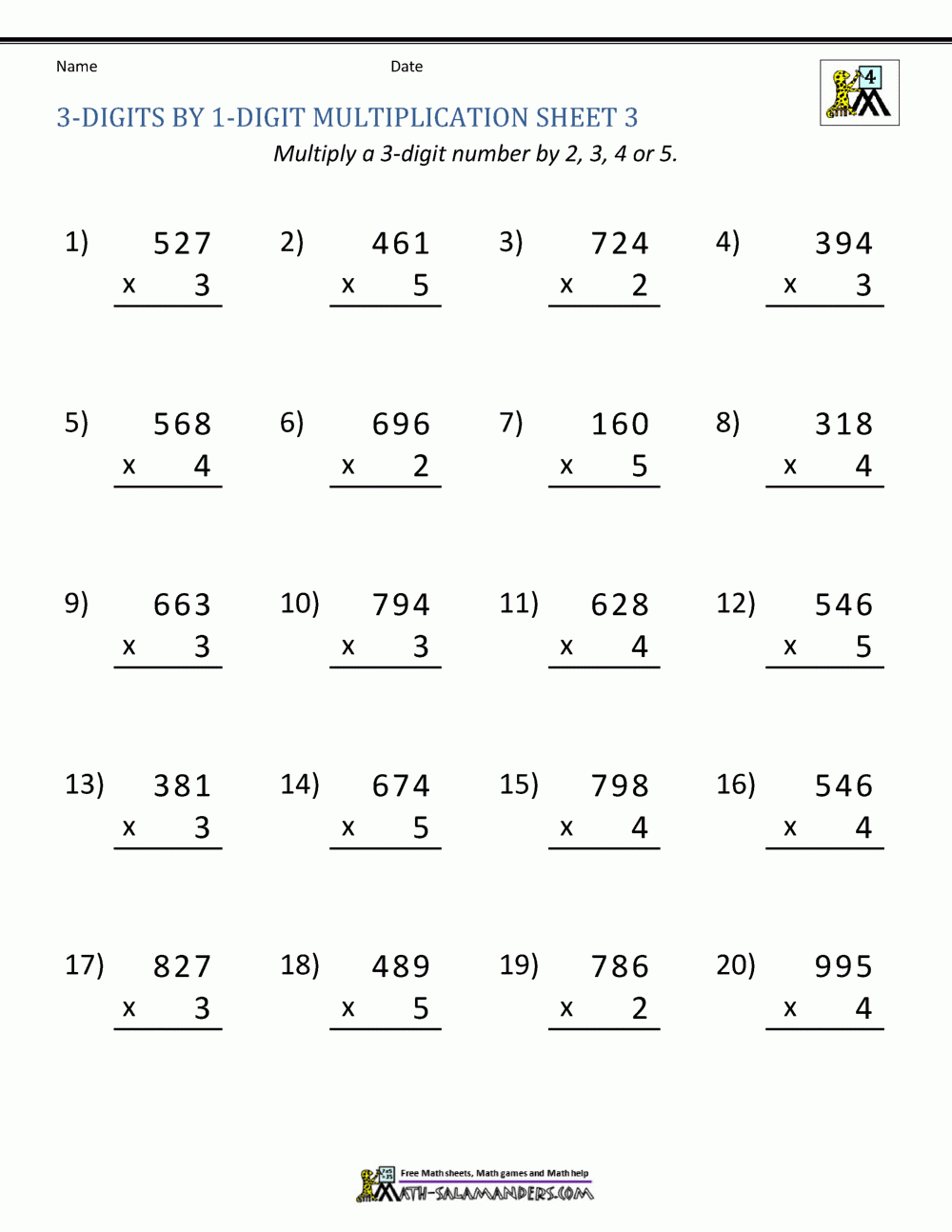Math Multiplication Worksheets 4th Grade