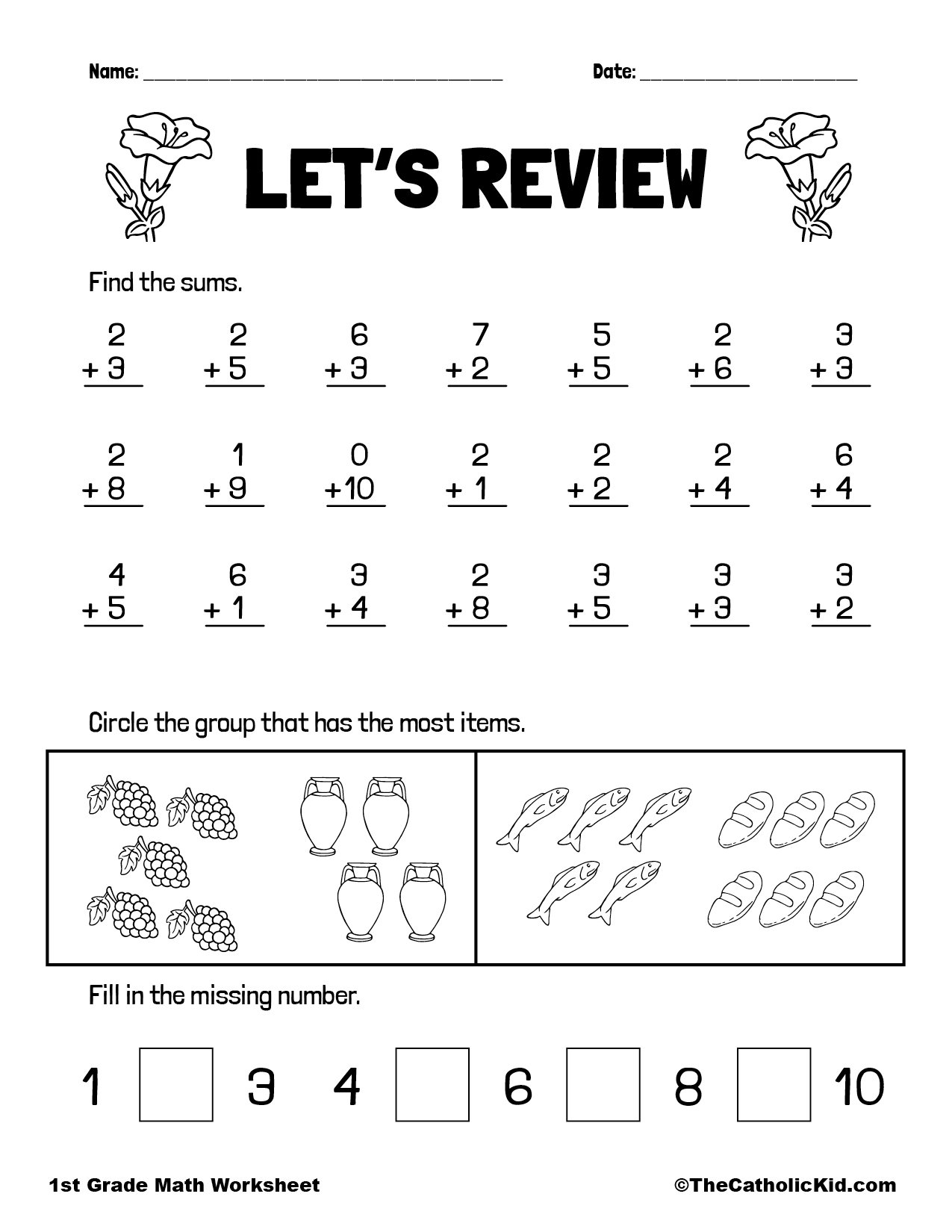 Math Review 1st Grade Math Addition Worksheet Catholic Themed