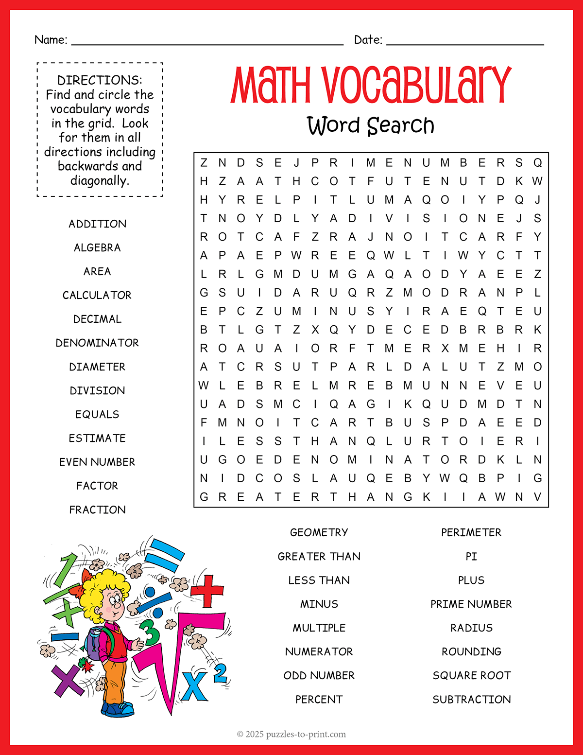 Math Vocabulary Word Search