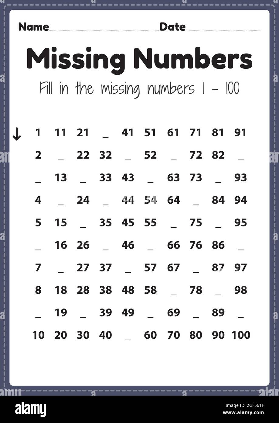 Maths Worksheet For Nursery Missing Numbers 1 To 100 Printable Sheet For Preschool And Kindergarten Kids Activity To Learn Basic Mathematics Skills Stock Vector Image Art Alamy