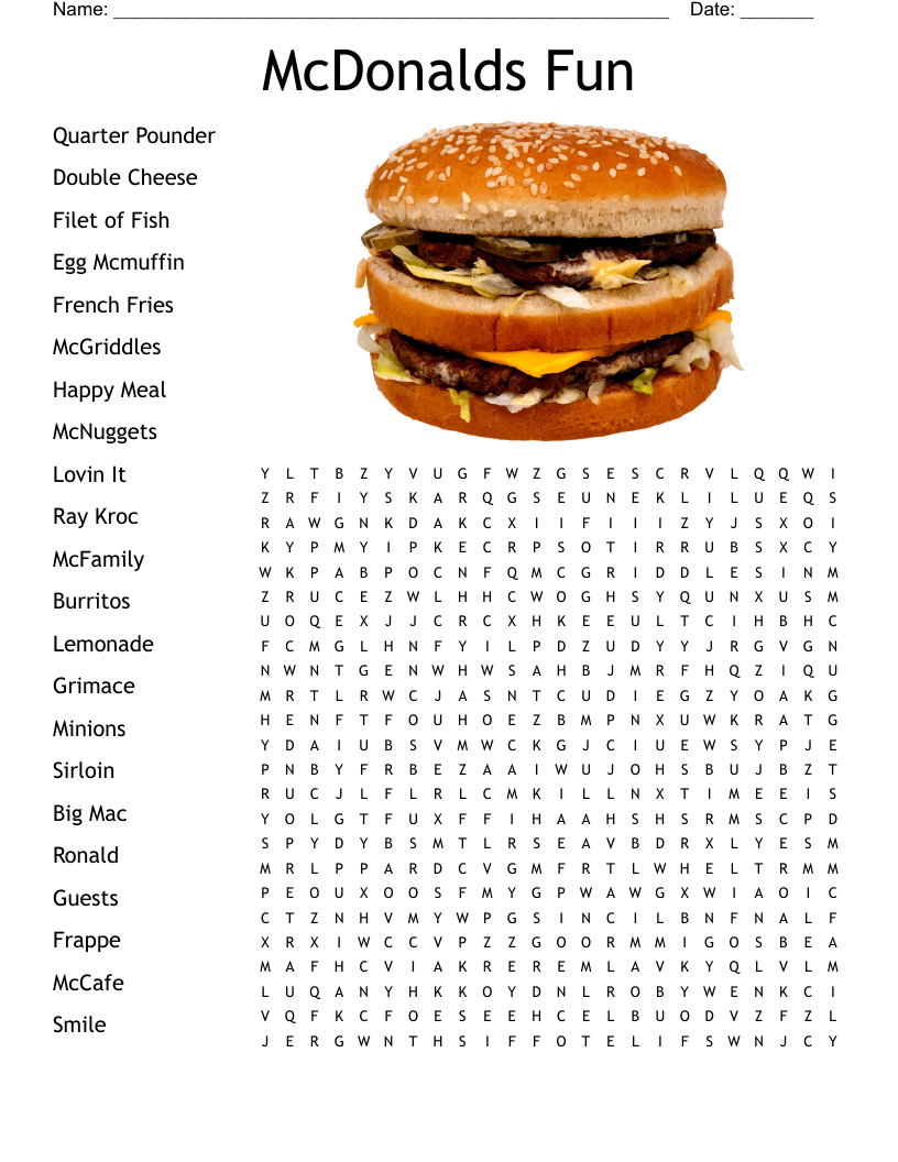 McDonalds Menu Word Search WordMint