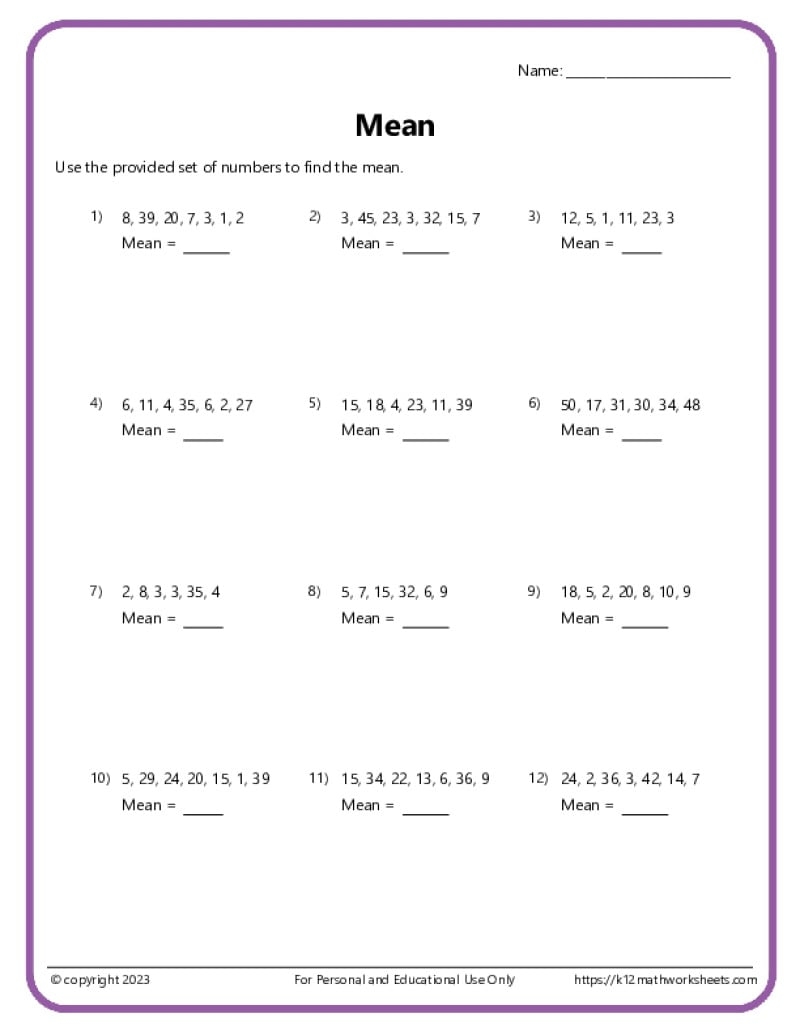 Mean Median Mode Range Worksheets