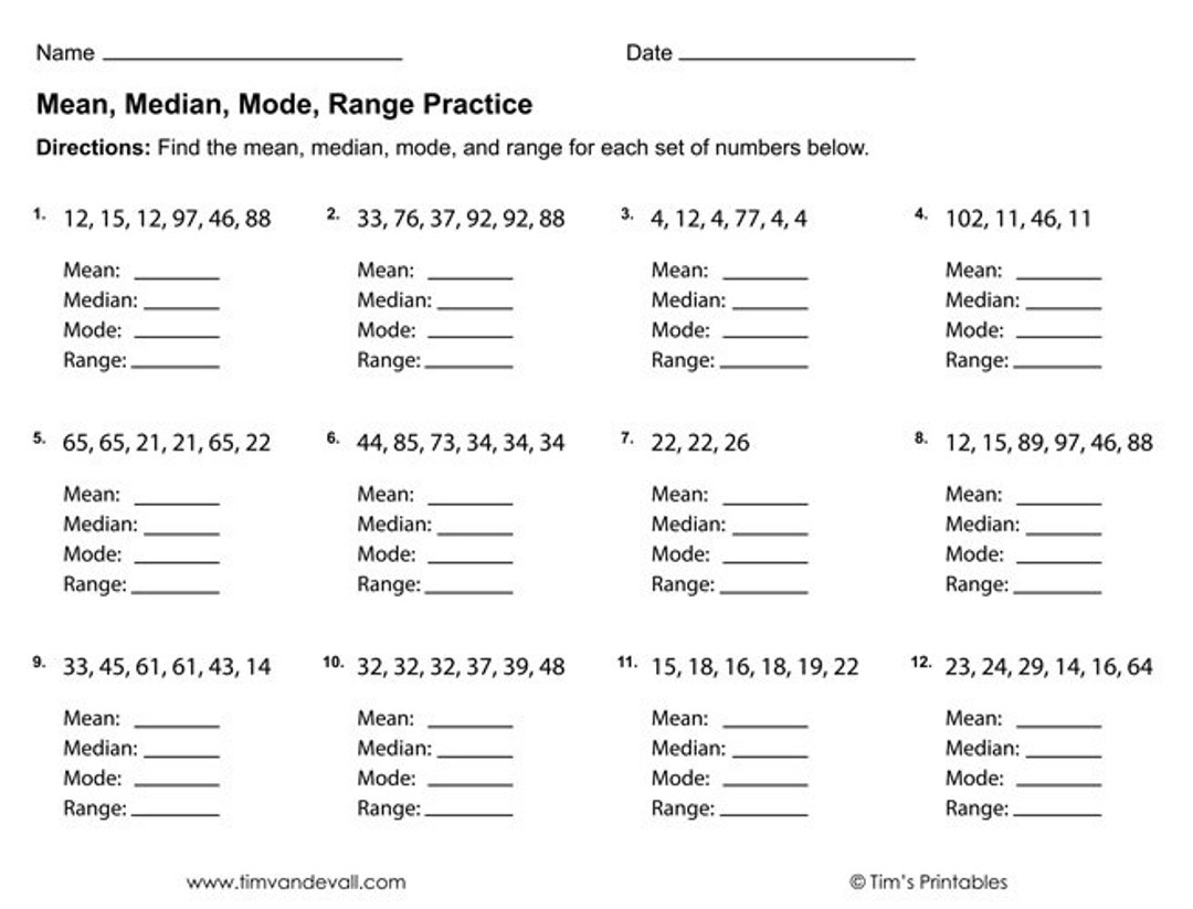 mean median mode range worksheet pdf