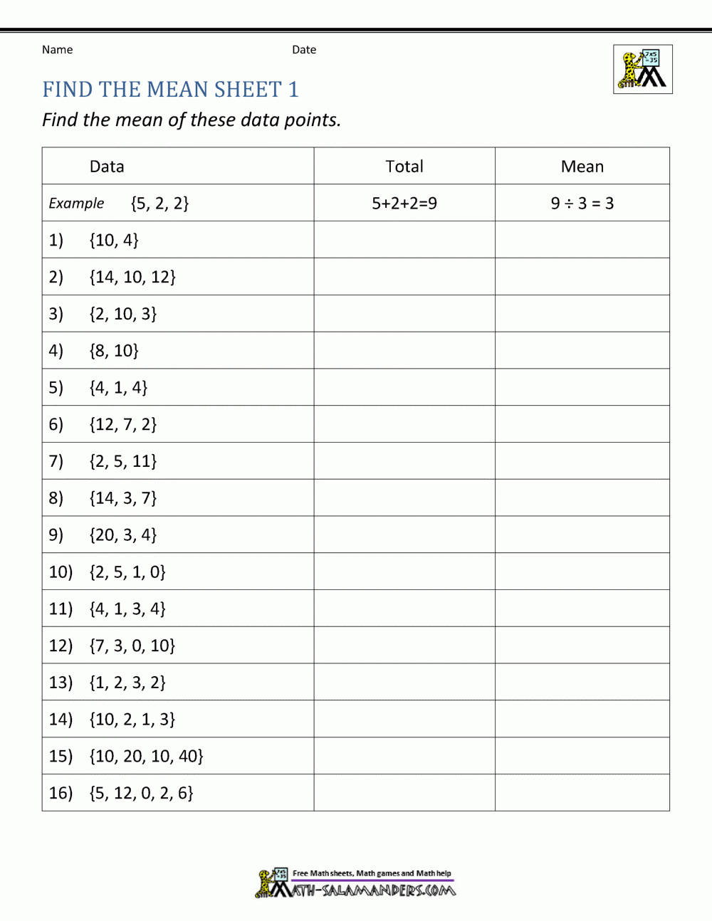 Mean Worksheets Mean Worksheets