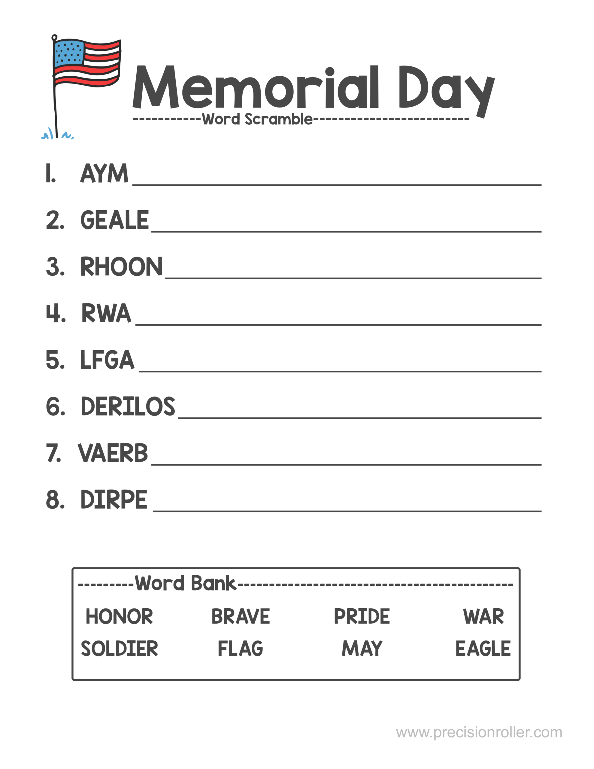 Memorial Day Themed Word Scramble Precision Printables Memorial Day Themed Word Scramble Precision Printables