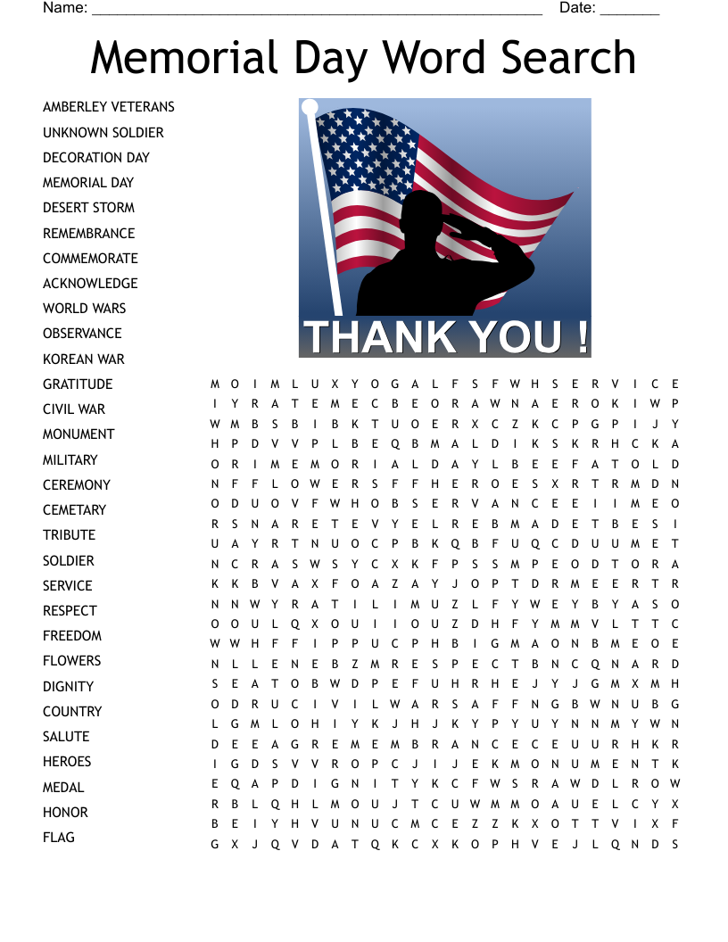 MEMORIAL DAY Word Search WordMint