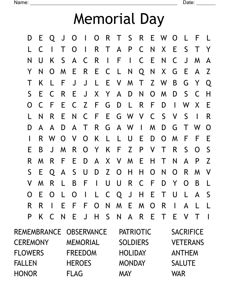 Memorial Day Word Search WordMint