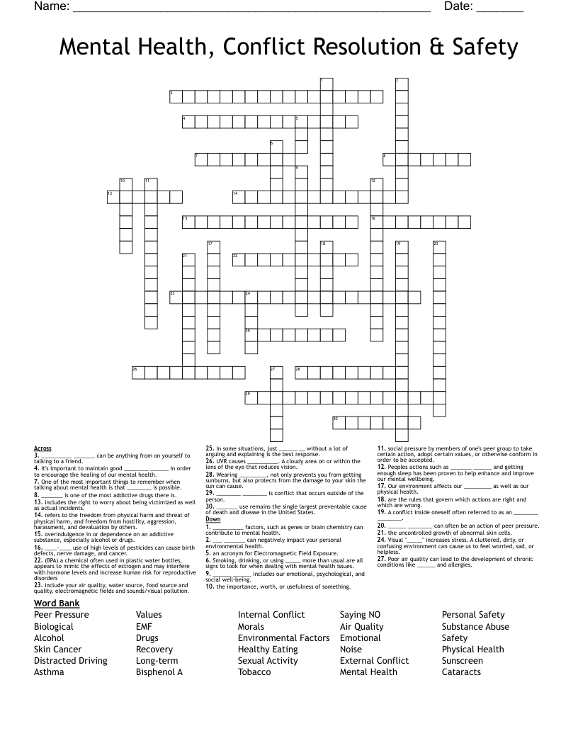Mental Health Conflict Resolution Safety Crossword WordMint Mental Health Conflict Resolution Safety Crossword WordMint