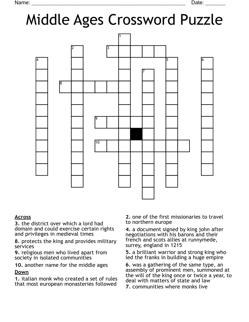 Middle Ages Crossword Puzzle WordMint