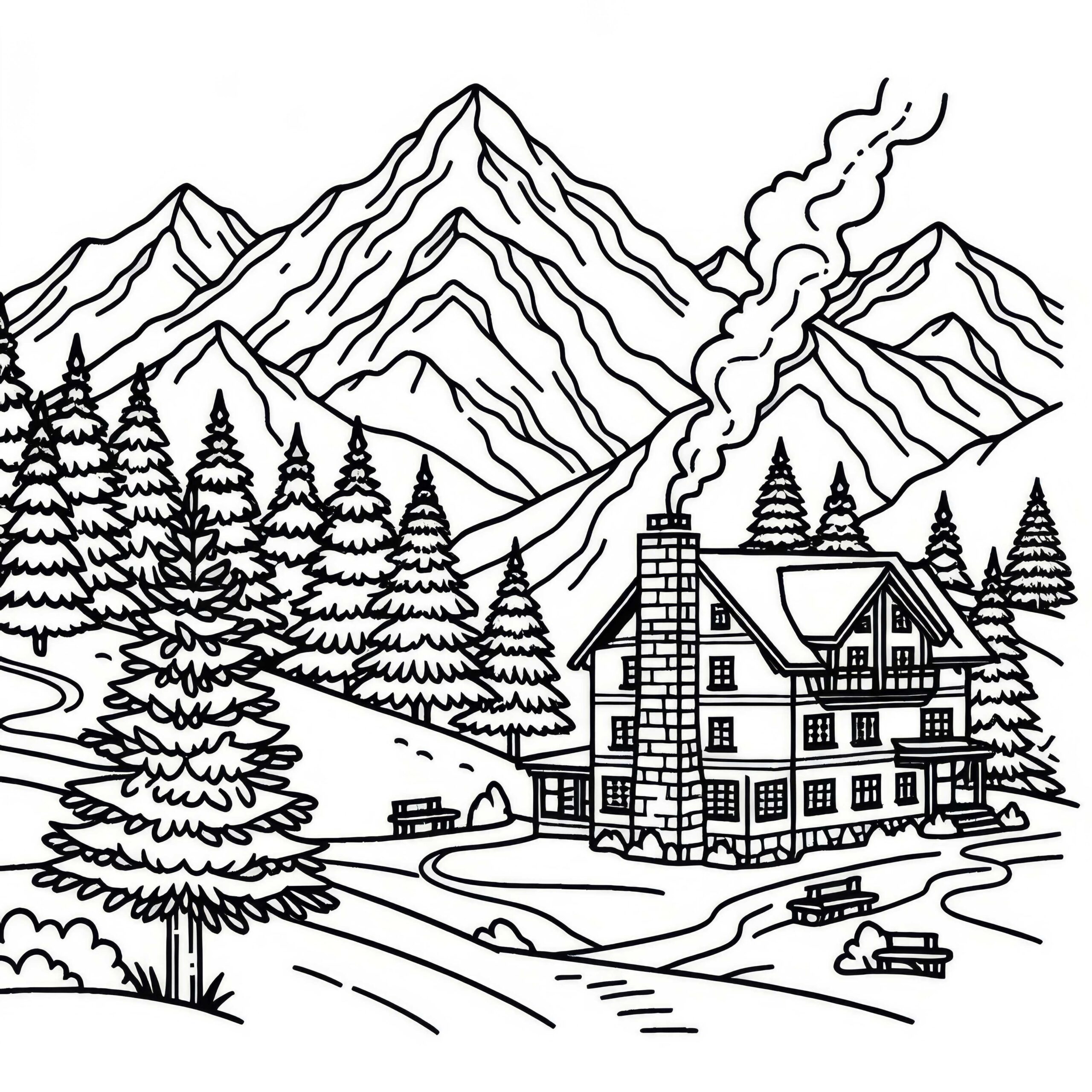 Mountain Cabin With Smoking Chimney In The Mountains Free Coloring Page Mountain Cabin With Smoking Chimney In The Mountains Free Coloring Page